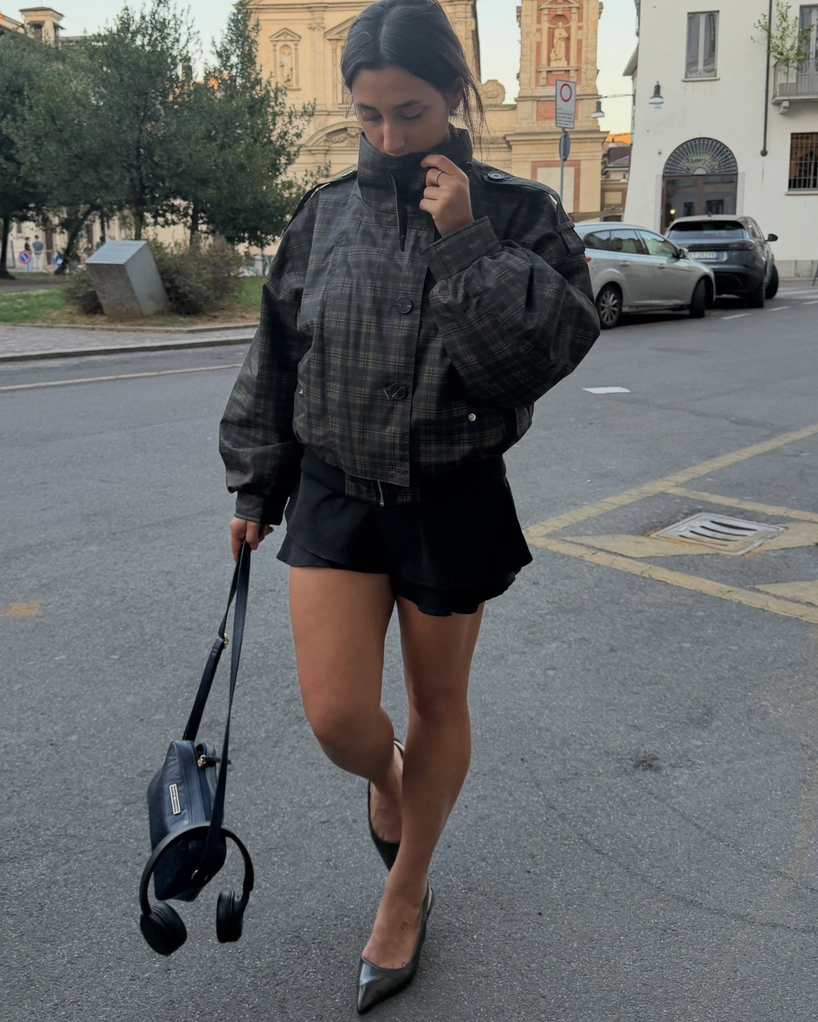 OLANE Vintage Plaid Stand Collar Bomber Jacket XSJacket