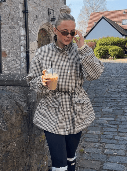 OLANE Vintage Plaid Waist-Cinched Jacket KhakiXSWomen's Coats & Jackets