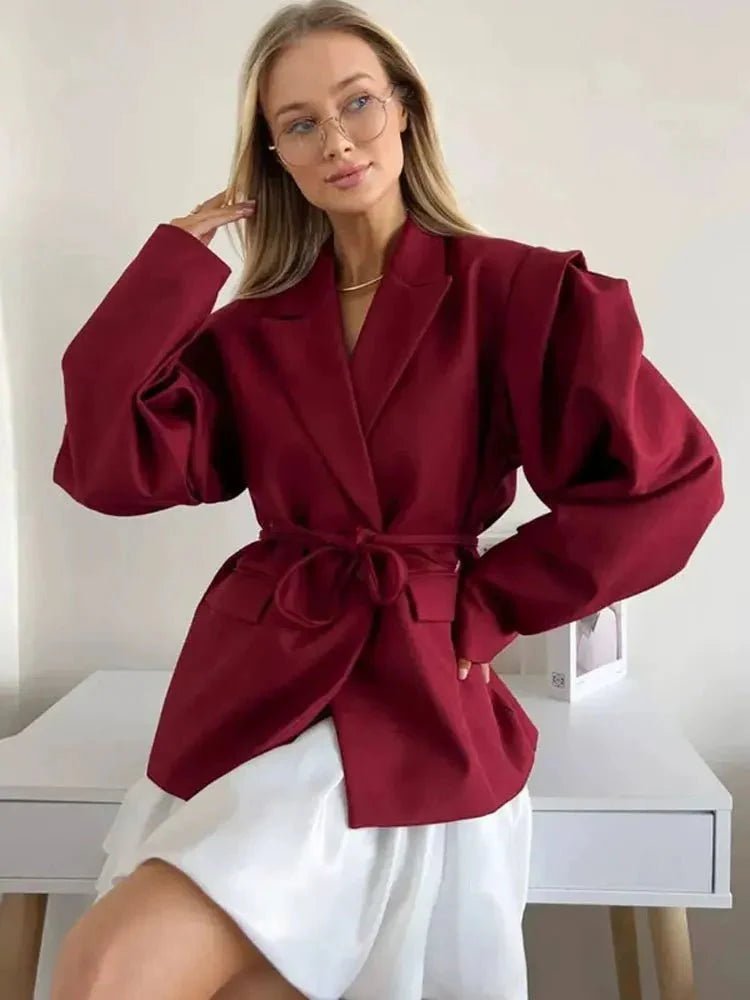 OLANE Wide Sleeve Belted Blazer BlueSWomen's Coats & Jackets