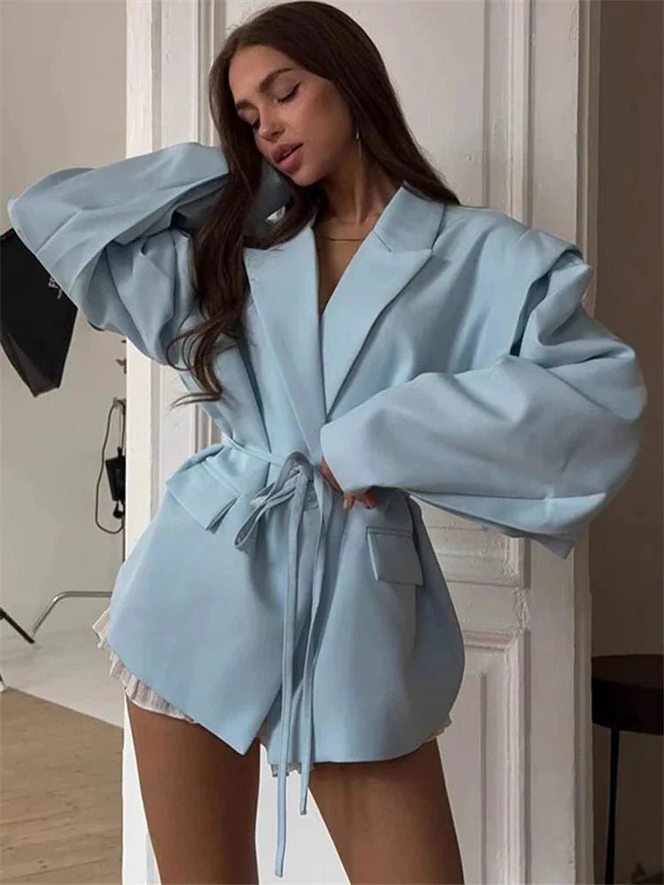 OLANE Wide Sleeve Belted Blazer BlueSWomen's Coats & Jackets