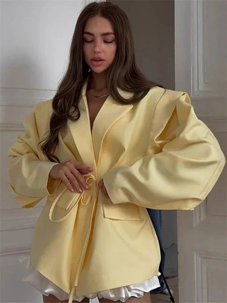 OLANE Wide Sleeve Belted Blazer BlueSWomen's Coats & Jackets