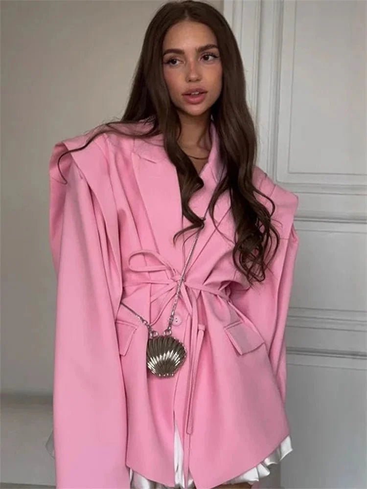 OLANE Wide Sleeve Belted Blazer BlueSWomen's Coats & Jackets