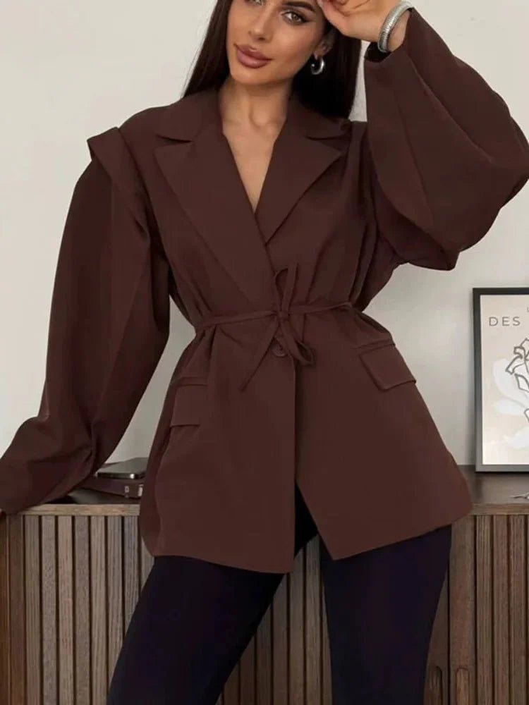OLANE Wide Sleeve Belted Blazer BrownSWomen’s Jackets & Coats