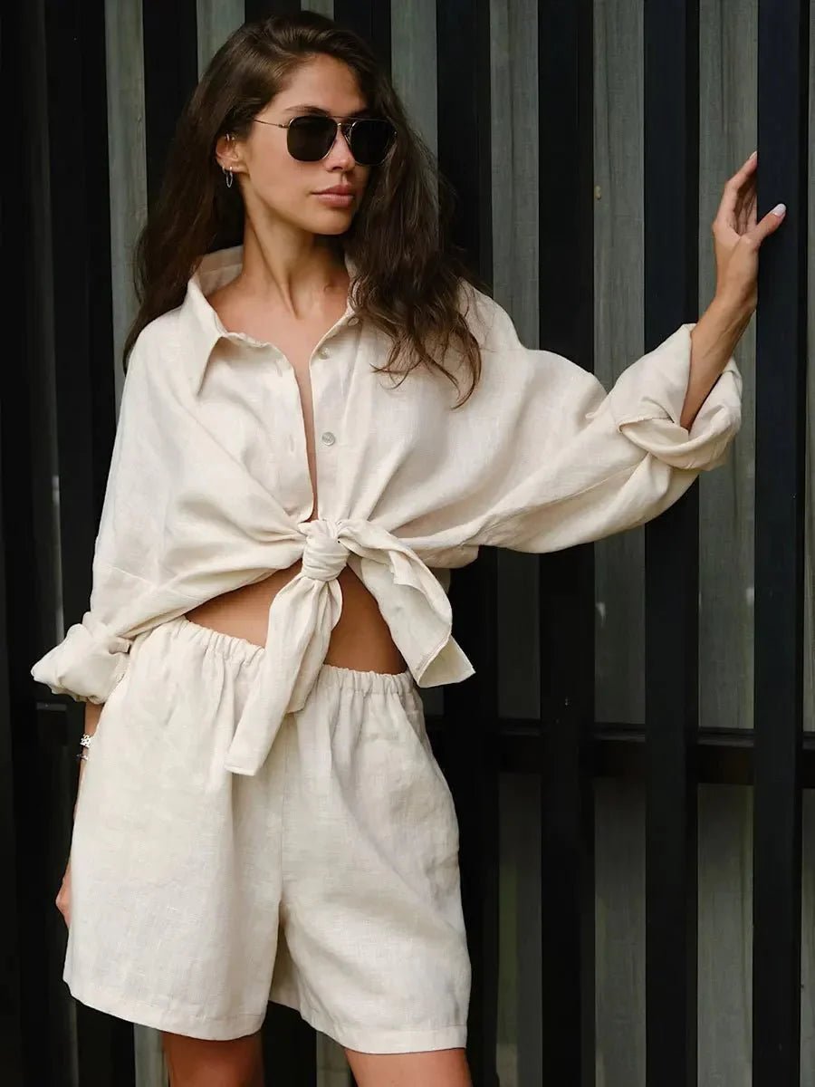 OLANE Yui Lapel Lantern Sleeve Shorts Set CreamSShorts