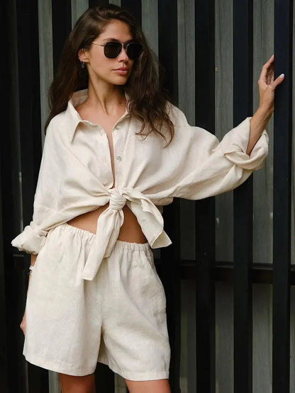 OLANE Yui Lapel Lantern Sleeve Shorts Set CreamSShorts