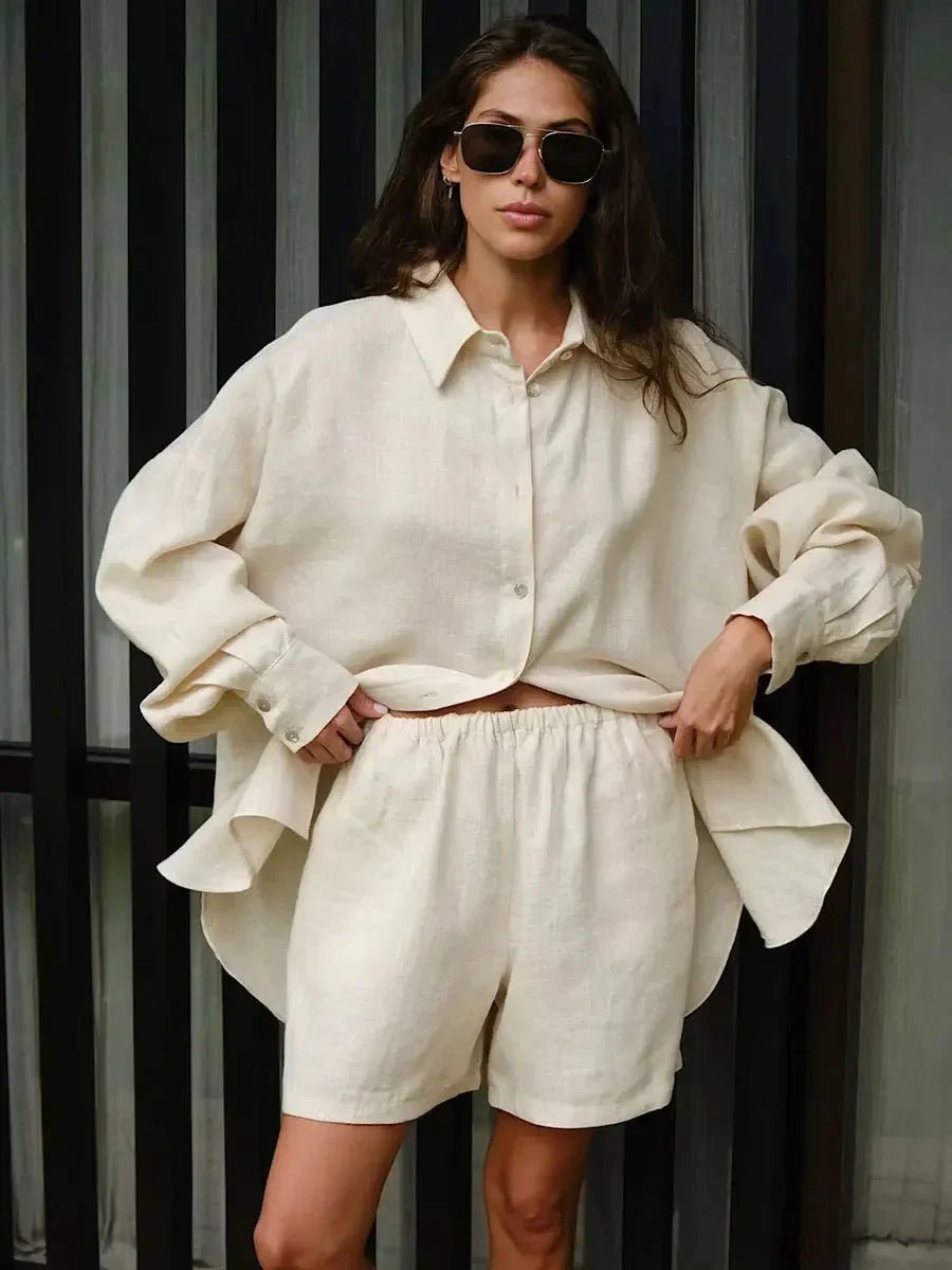 OLANE Yui Lapel Lantern Sleeve Shorts Set CreamSShorts
