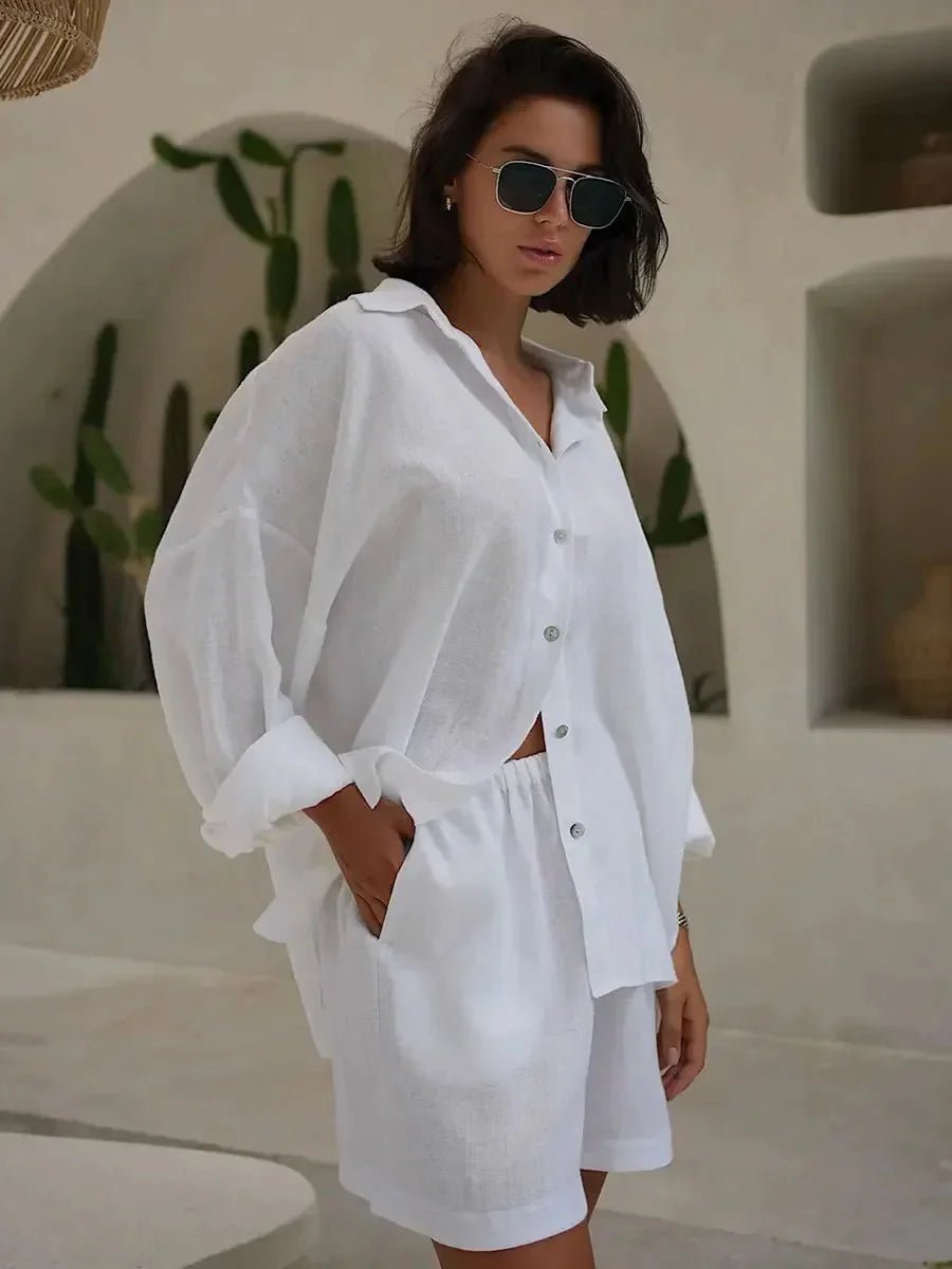 OLANE Yui Lapel Lantern Sleeve Shorts Set CreamSShorts