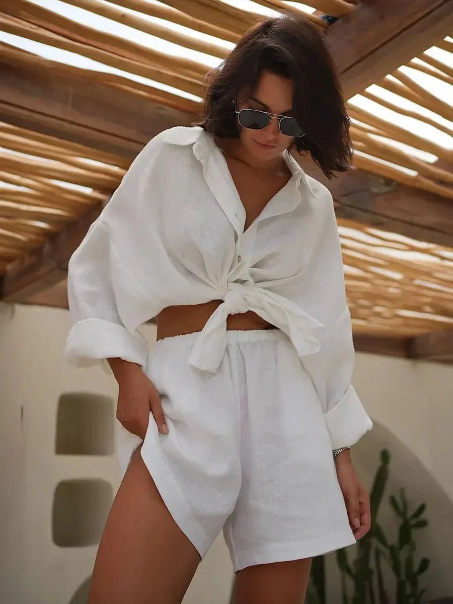 OLANE Yui Lapel Lantern Sleeve Shorts Set CreamSShorts