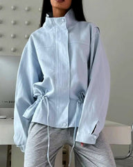 Zip-Up Drawstring Stand Collar Jacket