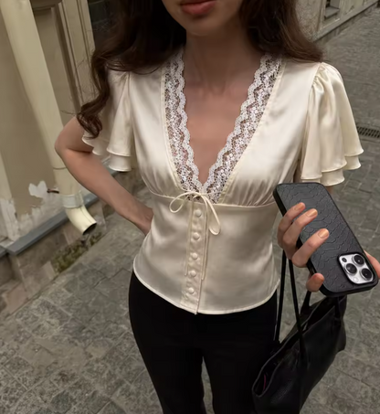Short Sleeves Lace Satin Button Blouse