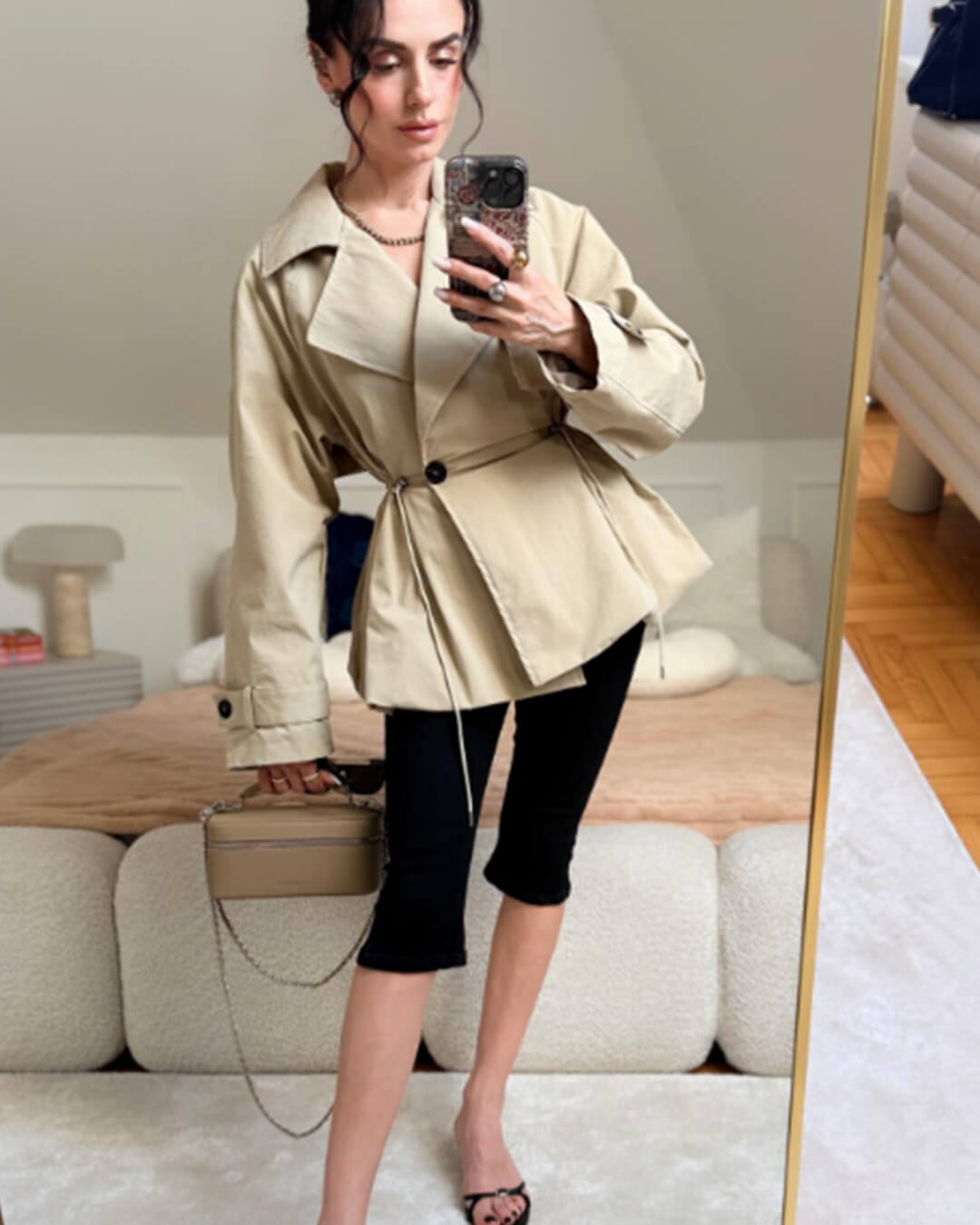Lapel Collar Drawstring Trench Coat