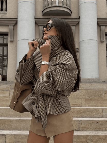 Plaid Funnel Collar Trench Coat
