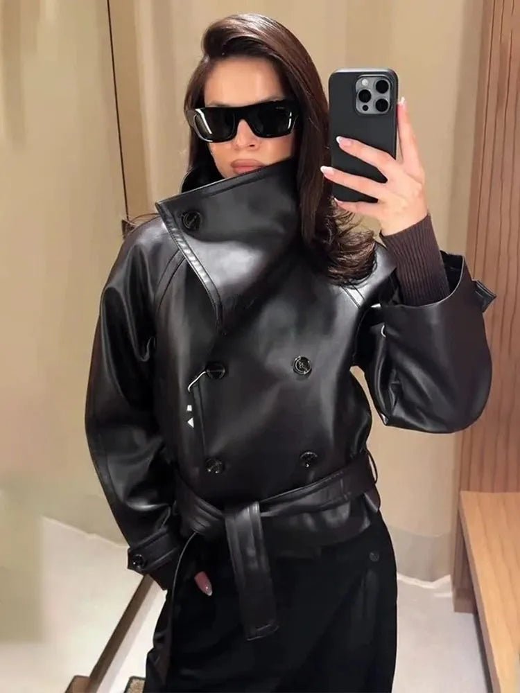 Double-Breasted Faux Leather Lace-Up Trench Coat