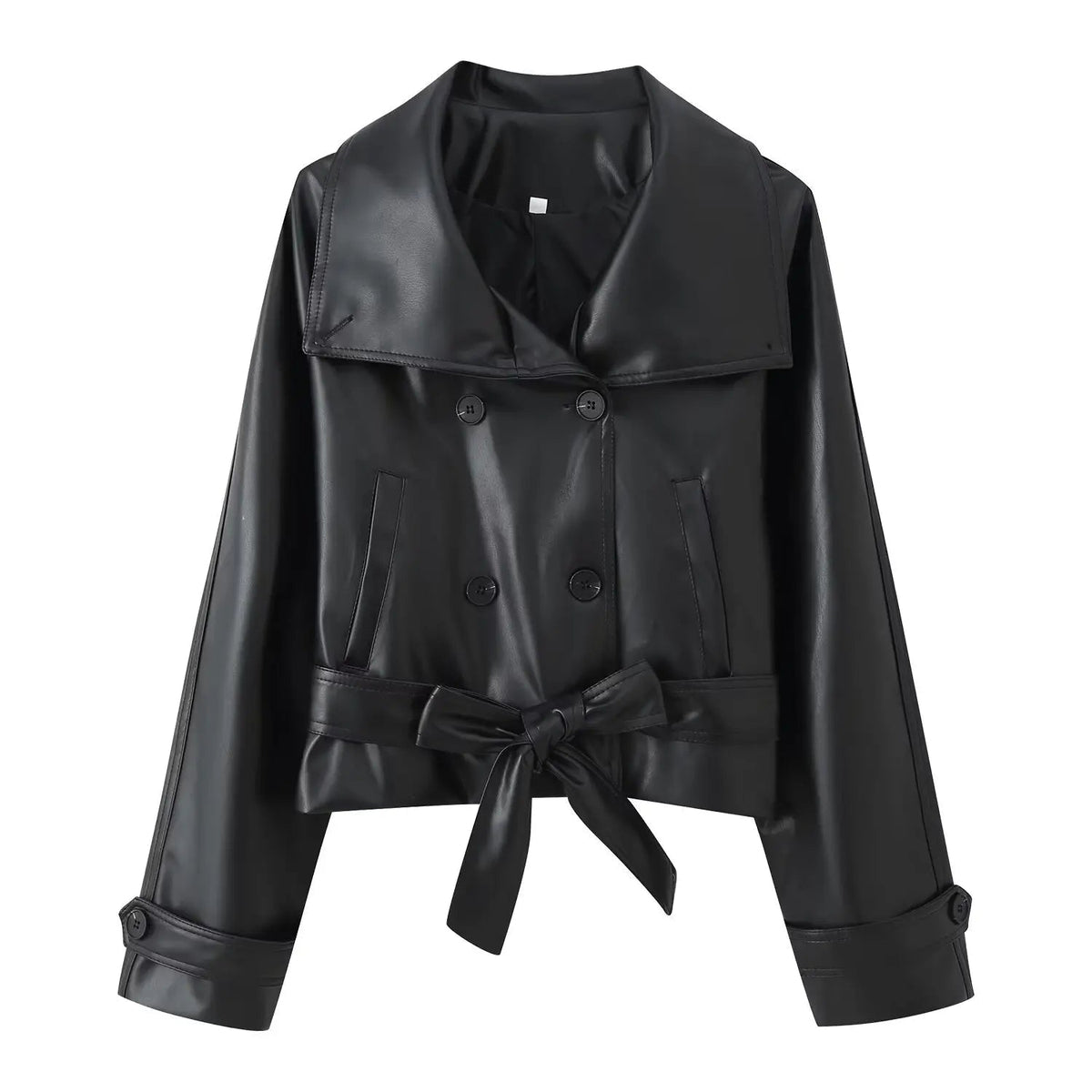 Double-Breasted Faux Leather Lace-Up Trench Coat