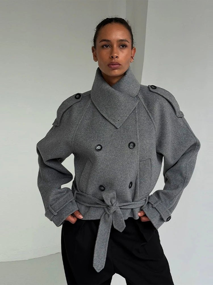 Stylish Belted High Collared Coat