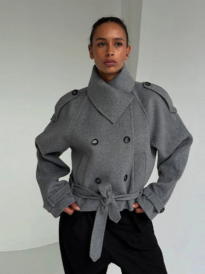 Stylish Belted High Collared Coat