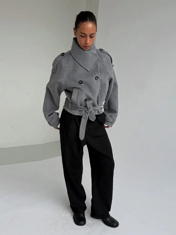 Stylish Belted High Collared Coat