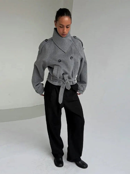 Stylish Belted High Collared Coat
