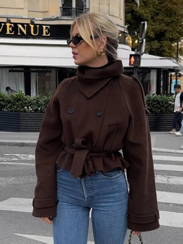 Stylish Belted High Collared Coat