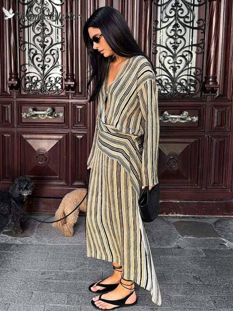 Elegant Striped Maxi V-Neck Dress