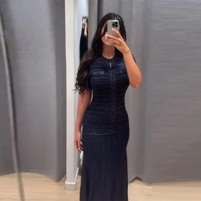 Cinched-Waist Sequin Knit Maxi Dress