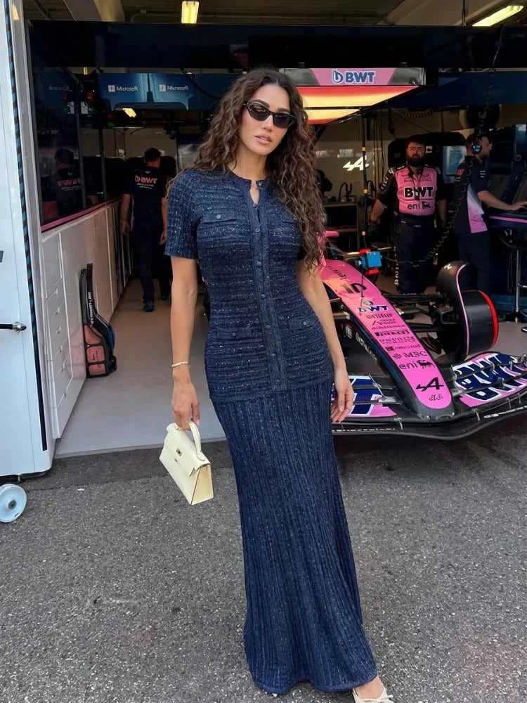 Cinched-Waist Sequin Knit Maxi Dress