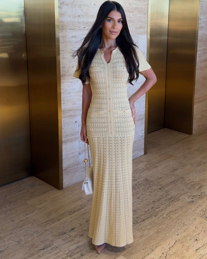 Cinched-Waist Sequin Knit Maxi Dress