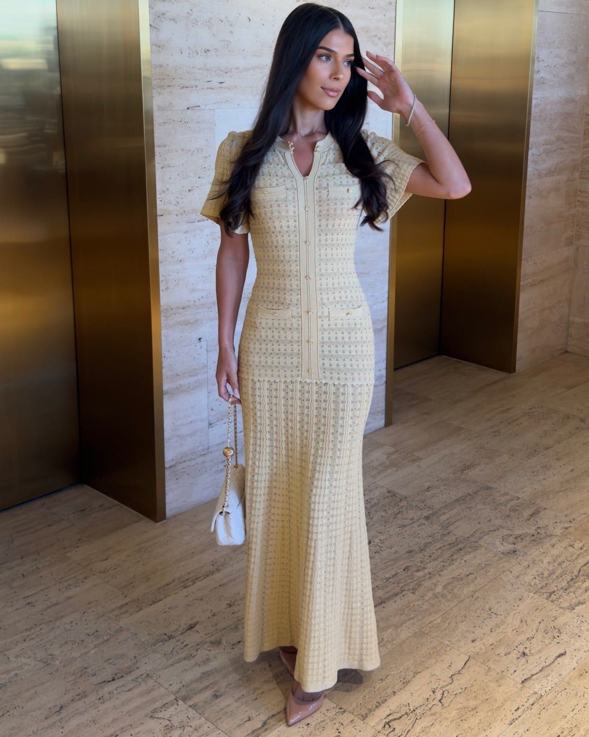 Cinched-Waist Sequin Knit Maxi Dress