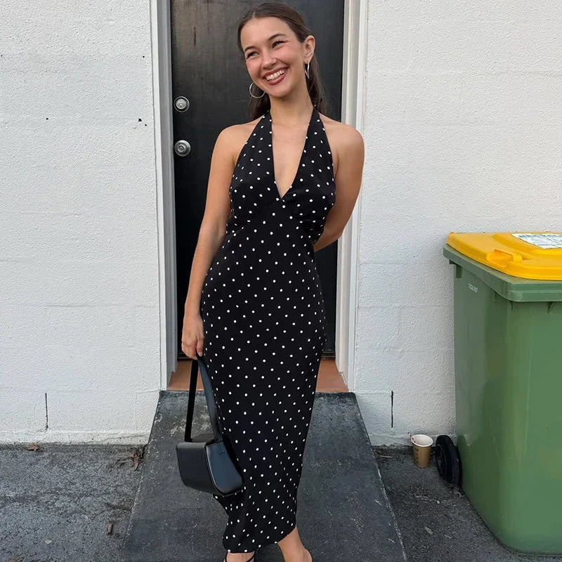 Classic Polka Dot Halter Midi Dress