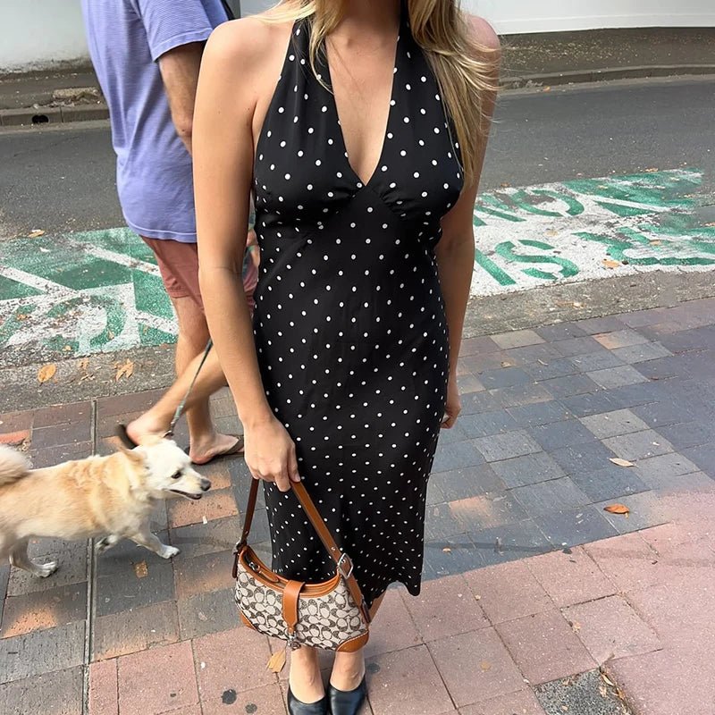 Classic Polka Dot Halter Midi Dress