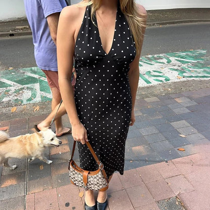 Classic Polka Dot Halter Midi Dress