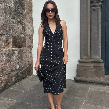 Classic Polka Dot Halter Midi Dress