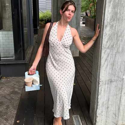 Classic Polka Dot Halter Midi Dress