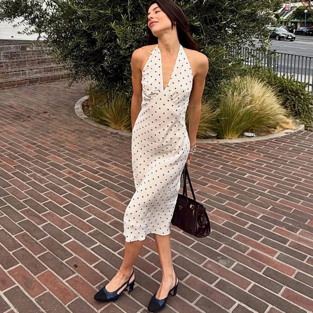 Classic Polka Dot Halter Midi Dress