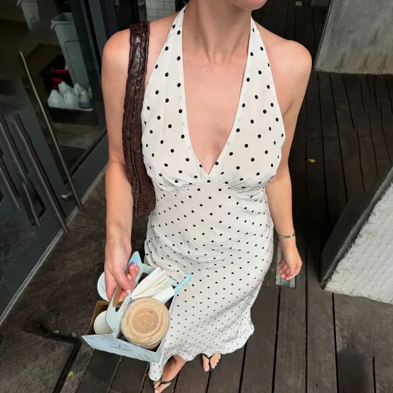 Classic Polka Dot Halter Midi Dress