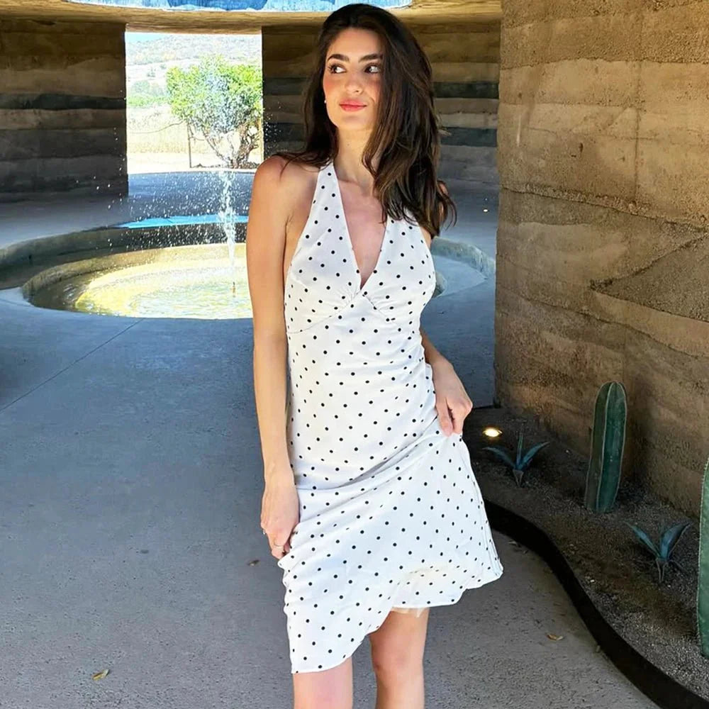 Classic Polka Dot Halter Midi Dress