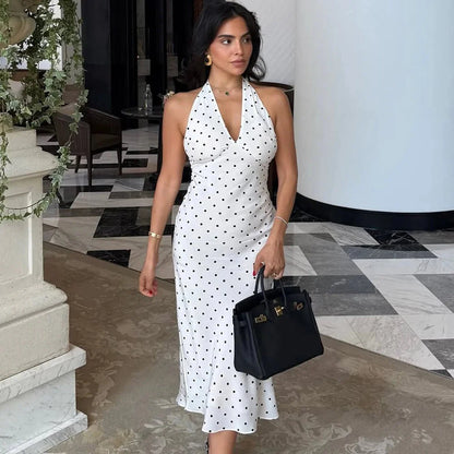 Classic Polka Dot Halter Midi Dress