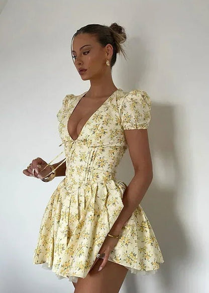 Stylish Pleated V-Neck Mini Dress