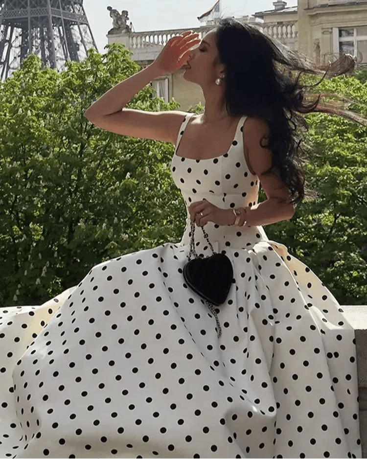 Classic Polka Dot Square Neckline Midi Dress