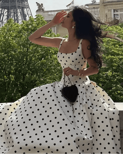 Classic Polka Dot Square Neckline Midi Dress