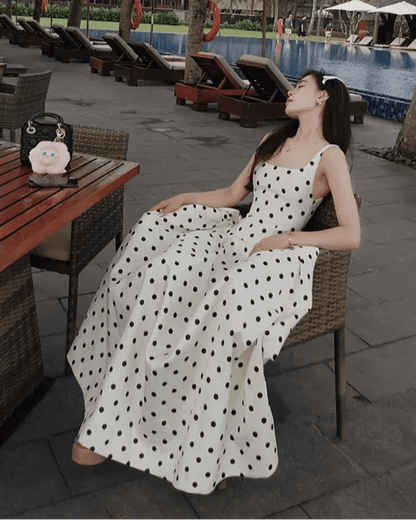 Classic Polka Dot Square Neckline Midi Dress