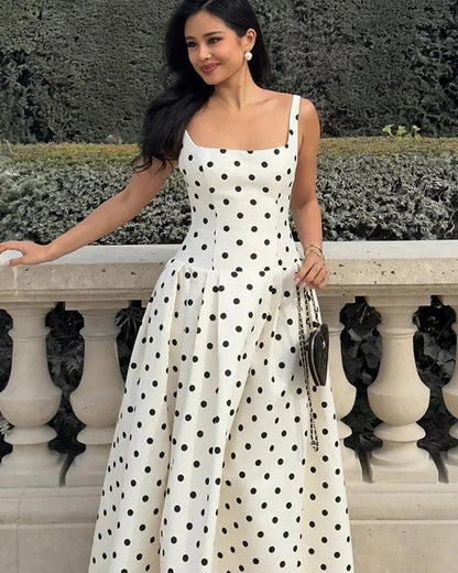 Classic Polka Dot Square Neckline Midi Dress