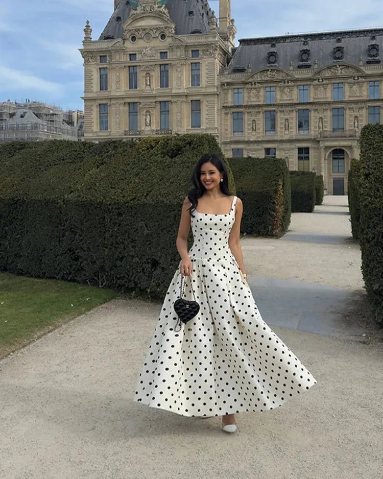 Classic Polka Dot Square Neckline Midi Dress