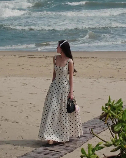 Classic Polka Dot Square Neckline Midi Dress