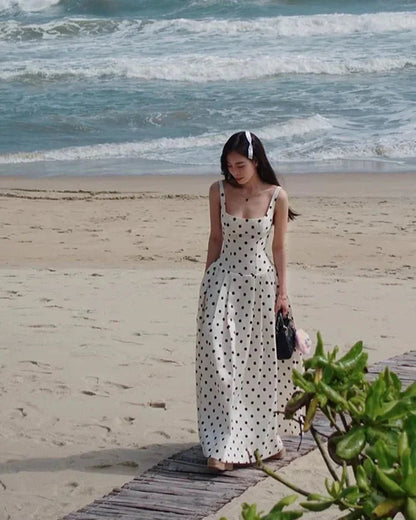 Classic Polka Dot Square Neckline Midi Dress