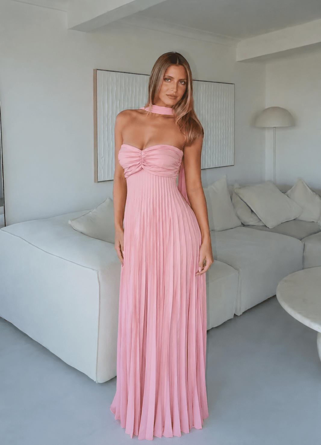 Elegant Strapless Maxi Dress with Scarf