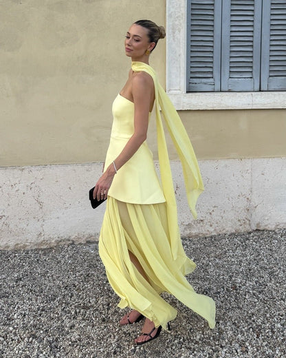 Asymmetric Sheer Maxi Dress with Scarf