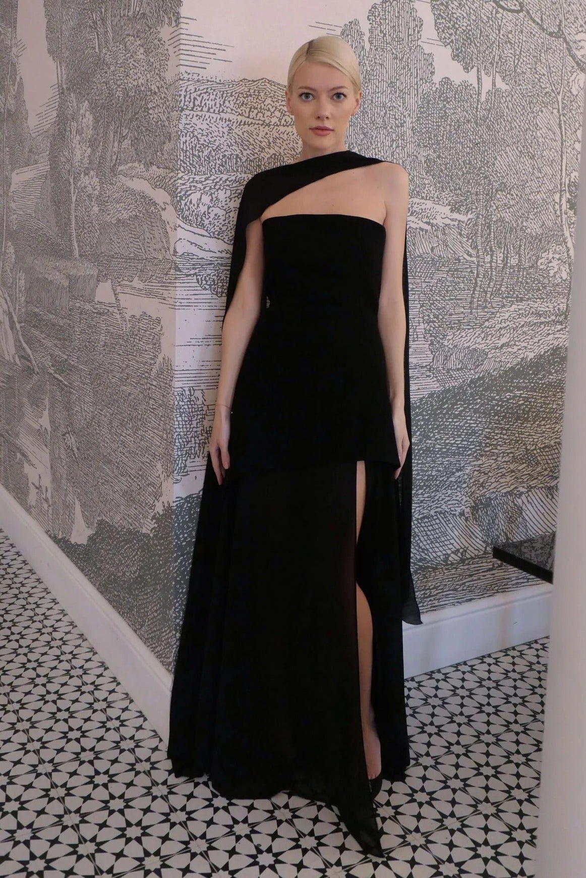 Asymmetric Sheer Maxi Dress with Scarf