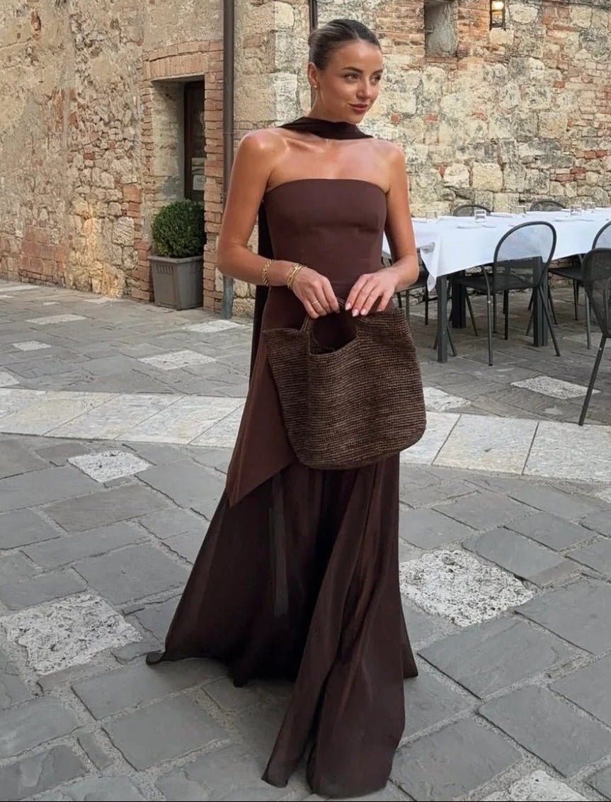 Asymmetric Sheer Maxi Dress with Scarf