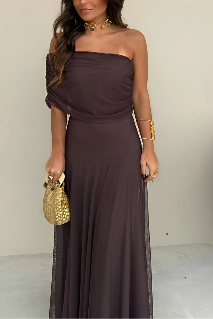 Asymmetric Off-Shoulder Ruched Maxi Dress